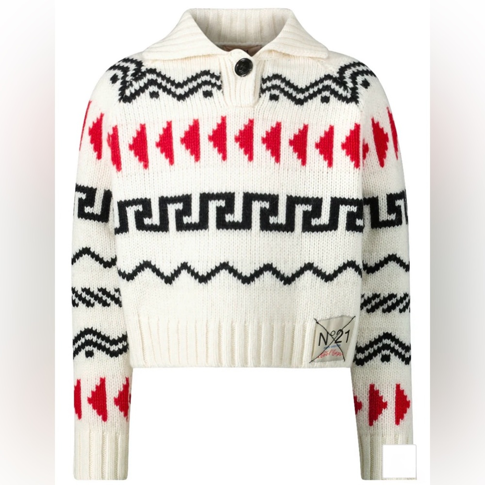 N21 kids White Patterned Knit Sweater with Red & Black Accents